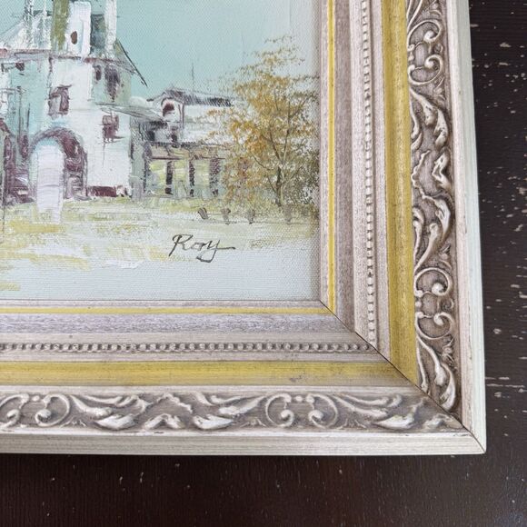 Original Signed Painting Artwork On Wooden Frame Buildings Landscape Community - Picture 7 of 9